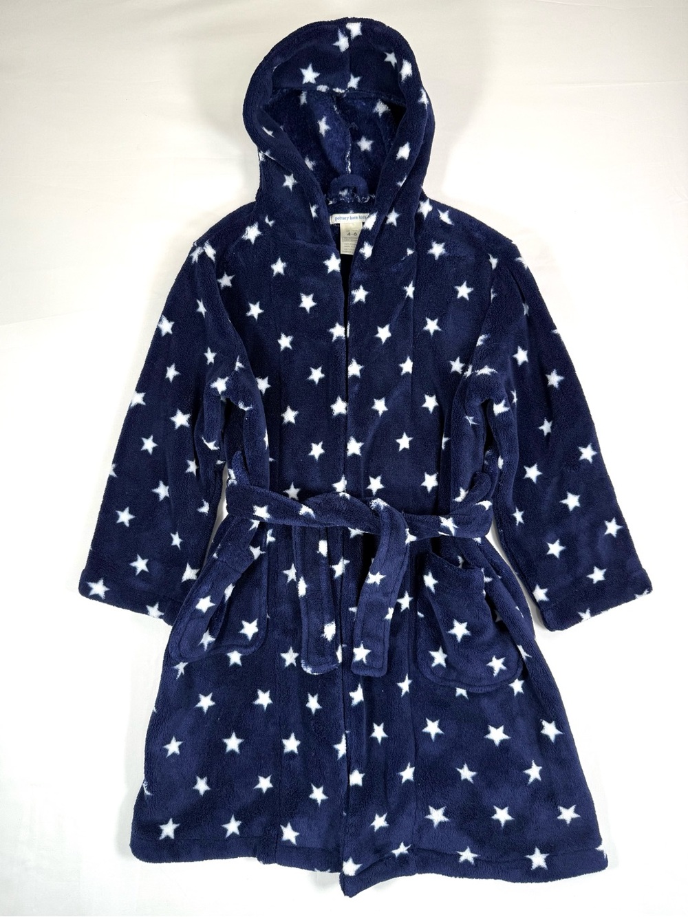 POTTERY BARN KIDS Unisex Hooded Plush Star Robe 4-6 Navy White Belt Soft Fleece